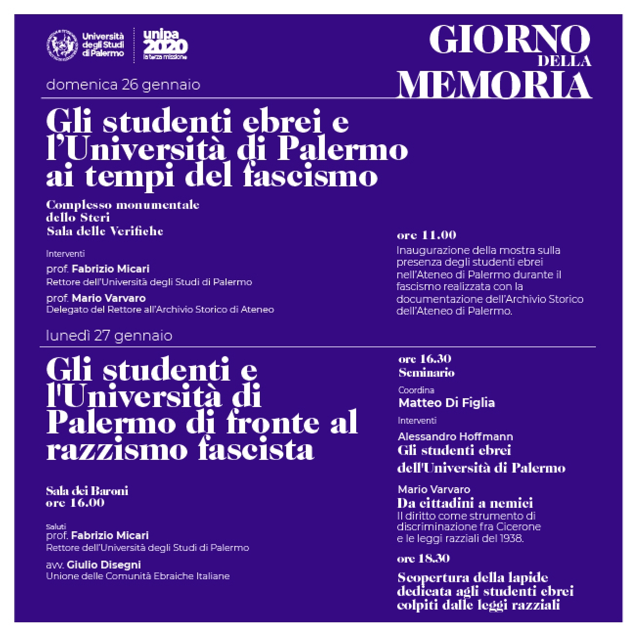 Giorno della Memoria - Invito alle iniziative dell'Università degli Studi di Palermo 