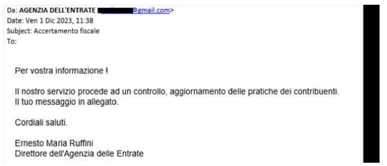 AGENZIA ENTRATE Avviso del 1° dicembre 2023 - False comunicazioni “Accertamento Fiscale - Tributario”