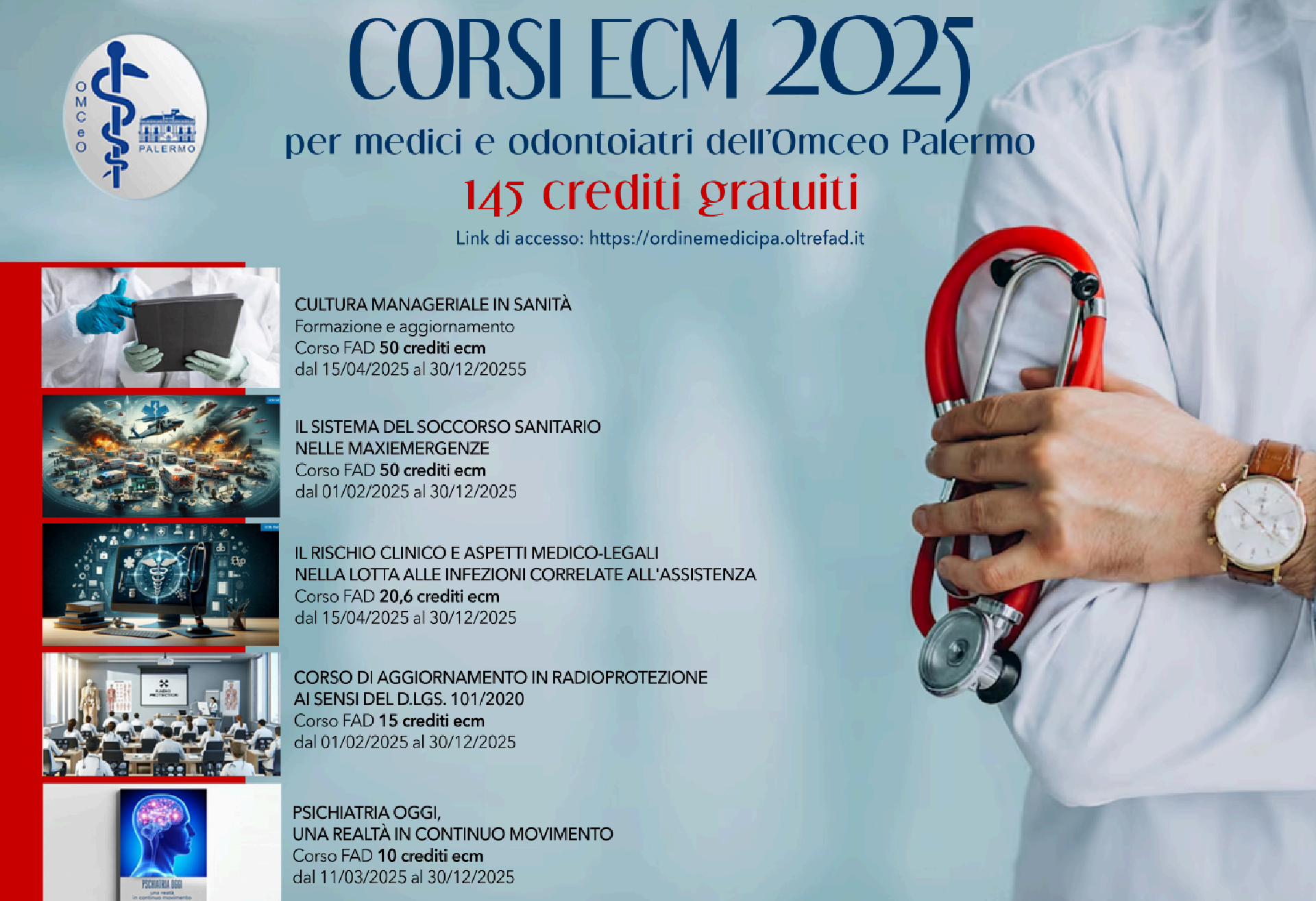 Corsi ECM 2025 - 145 crediti gratuiti per medici ed odontoiatri dell'Omceo